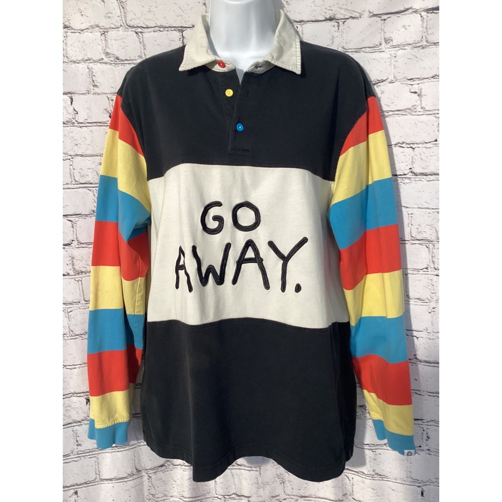 Lazy Oaf Go Away Embroidered Rugby Shirt Colorblock Striped Long Sleeve Large